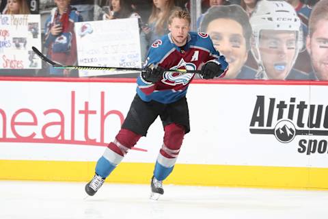 DENVER, CO – MAY 06: Erik Johnson #6 of the Colorado Avalanche skates during warm ups prior to Game Six of the Western Conference Second Round during the 2019 NHL Stanley Cup Playoffs against the San Jose Sharks at the Pepsi Center on May 6, 2019 in Denver, Colorado. (Photo by Michael Martin/NHLI via Getty Images)