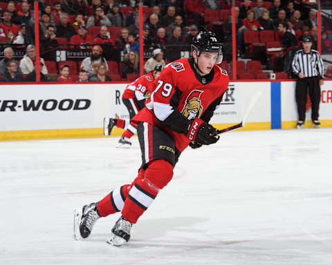 OTTAWA, ON – FEBRUARY 24: Drake Batherson #79 of the Ottawa Senators skates against the Calgary Flames at Canadian Tire Centre on February 24, 2019 in Ottawa, Ontario, Canada. (Photo by Matt Zambonin/NHLI via Getty Images)