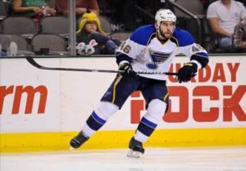 Apr 7, 2012; Dallas, TX, USA; St. Louis Blues defenseman Roman Polak (46) skates along the blue line during the game against the Dallas Stars at the American Airlines Center. The Blues defeated the Stars 3-2. Mandatory Credit: Jerome Miron-US PRESSWIRE