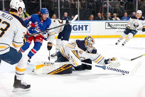 NEW YORK, NY – FEBRUARY 07: Carter Hutton #40 of the Buffalo Sabres makes a save against the New York Rangers at Madison Square Garden on February 7, 2020 in New York City. (Photo by Jared Silber/NHLI via Getty Images)