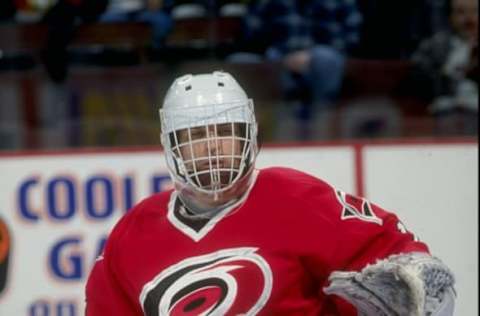 18 Dec 1998: Goaltender Arturs Irbe #1 of the Carolina Hurricanes in action during the game against the Ottawa Senators at Corel Centre in Ottawa, Canada. The Senators defeated the Hurricanes 5-1. Mandatory Credit: Robert Laberge /Allsport