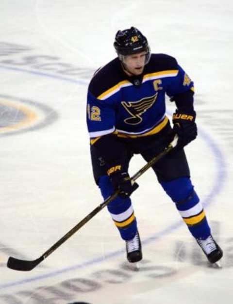 Feb 22, 2016; St. Louis, MO, USA; St. Louis Blues center David Backes (42) skates against the San Jose Sharks during the third period at Scottrade Center. The Sharks defeated the Blues 6-3. Mandatory Credit: Jeff Curry-USA TODAY Sports