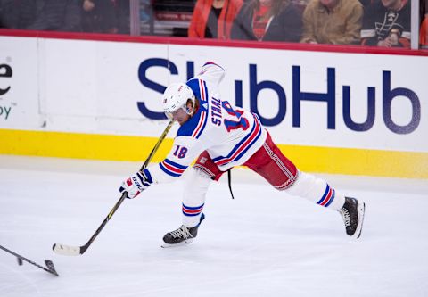 PHILADELPHIA, PA – APRIL 07: New York Rangers Defenceman Marc Staal (18) shoots in the second period during the game between the New York Rangers and Philadelphia Flyers on April 07, 2018 at Wells Fargo Center in Philadelphia, PA. (Photo by Kyle Ross/Icon Sportswire via Getty Images)