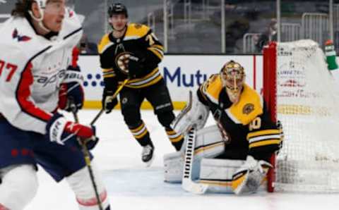 Apr 18, 2021; Boston, Massachusetts, USA; Boston Bruins goaltender Tuukka Rask (40) keeps track of the play using a broken stick during the second period against the Washington Capitals at TD Garden. Mandatory Credit: Winslow Townson-USA TODAY Sports