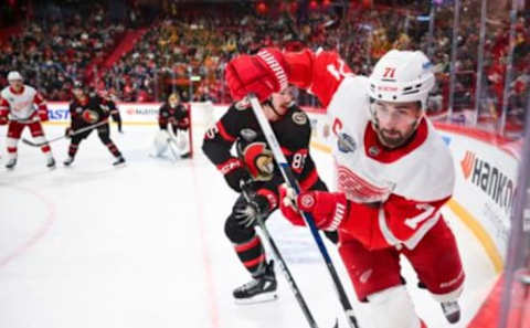 Forward Dylan Larkin (R) of the Detroit Red Wings vies for the puck during the NHL Global Series Ice Hockey match between Detroit Red Wings and Ottawa Senators in Stockholm on November 16, 2023. (Photo by Jonathan NACKSTRAND / AFP) (Photo by JONATHAN NACKSTRAND/AFP via Getty Images)