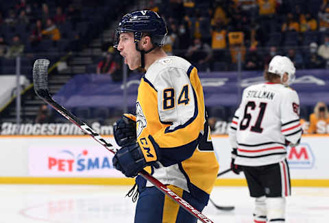 Nashville Predators left wing Tanner Jeannot (84)Mandatory Credit: Christopher Hanewinckel-USA TODAY Sports