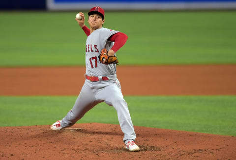 Jul 6, 2022; Miami, Florida, USA; Los Angeles Angels starting pitcher Shohei Ohtani (17) delivers a pitch in the fourth inning against the Miami Marlins at loanDepot Park. Mandatory Credit: Jim Rassol-USA TODAY Sports