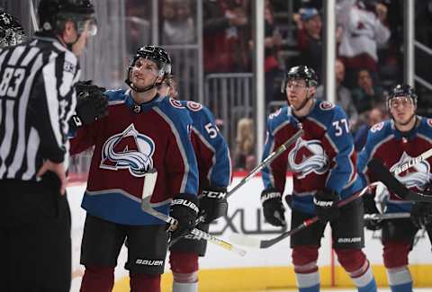 DENVER, CO – FEBRUARY 18: Alexander Kerfoot #13, Anton Lindholm #54, J.T. Compher #37 and Tyson Barrie #4 of the Colorado Avalanche celebrate a goal against the Edmonton Oilers at the Pepsi Center on February 18, 2018 in Denver, Colorado. (Photo by Michael Martin/NHLI via Getty Images)