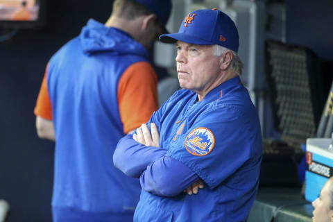 Sep 30, 2022; Atlanta, Georgia, USA; New York Mets manager Buck Showalter (11) in the dugout before a game against the Atlanta Braves at Truist Park. Mandatory Credit: Brett Davis-USA TODAY Sports