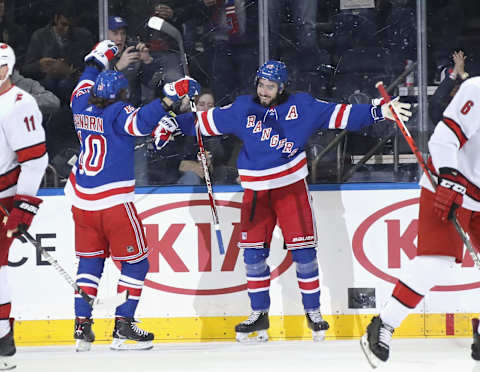 NEW YORK, NEW YORK – NOVEMBER 27: Mika Zibanejad #93 of the New York Rangers celebrates his power-play goal