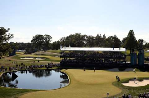 WILMINGTON, DELAWARE - AUGUST 20: Corey Conners of Canada plays a shot from a bunker on the 15th hole during the third round of the BMW Championship at Wilmington Country Club on August 20, 2022 in Wilmington, Delaware. (Photo by Rob Carr/Getty Images)