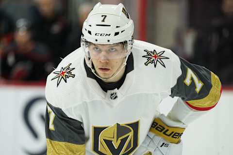 RALEIGH, NC – FEBRUARY 01: Vegas Golden Knights Right Wing Valentin Zykov (7) waits on a face off during a game between the Las Vegas Golden Knights and the Carolina Hurricanes on February 1, 2019, at the PNC Arena in Raleigh, NC. (Photo by Greg Thompson/Icon Sportswire via Getty Images)