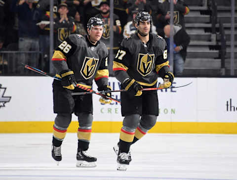 LAS VEGAS, NEVADA – FEBRUARY 13: Paul Stastny #26 and Max Pacioretty #67 of the Vegas Golden Knights skate toward their bench after Pacioretty scored a first-period power-play goal against the St. Louis Blues during their game at T-Mobile Arena on February 13, 2020 in Las Vegas, Nevada. The Golden Knights defeated the Blues 6-5 in overtime. (Photo by Ethan Miller/Getty Images)