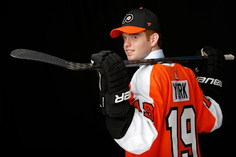 VANCOUVER, BRITISH COLUMBIA – JUNE 21: Cam York poses for a portrait after being selected fourteenth overall by the Philadelphia Flyers during the first round of the 2019 NHL Draft at Rogers Arena on June 21, 2019 in Vancouver, Canada. (Photo by Kevin Light/Getty Images)