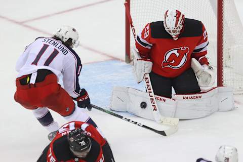 New Jersey Devils goaltender Mackenzie Blackwood (29): (Ed Mulholland-USA TODAY Sports)