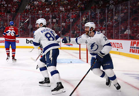 Nikita Kucherov #86 and Brayden Point #21 of the Tampa Bay Lightning. (Photo by Bruce Bennett/Getty Images)