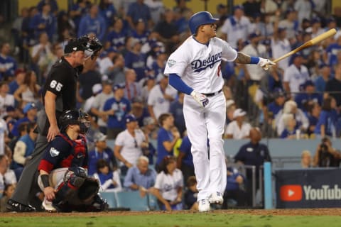 LOS ANGELES, CA – OCTOBER 26: Manny Machado #8 of the Los Angeles Dodgers hits a single during the sixth inning of Game 3 of the 2018 World Series against the Boston Red Sox at Dodger Stadium on Friday, October 26, 2018 in Los Angeles, California. (Photo by Alex Trautwig/MLB Photos via Getty Images)