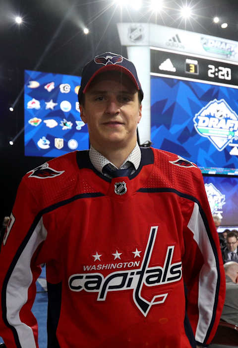 VANCOUVER, BRITISH COLUMBIA – JUNE 22: Aliaksei Protas, 91st overall pick of the Washington Capitals, stand on the draft floor during Rounds 2-7 of the 2019 NHL Draft at Rogers Arena on June 22, 2019 in Vancouver, Canada. (Photo by Dave Sandford/NHLI via Getty Images)