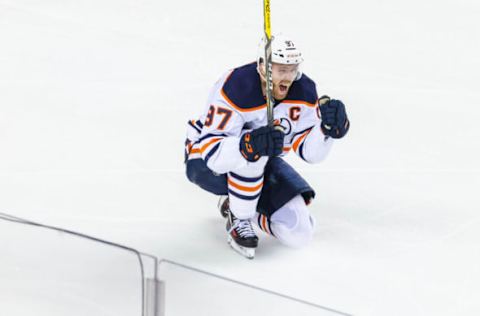 Edmonton Oilers Connor McDavid, #97, celebrates series clinching goal. Mandatory Credit: Sergei Belski-USA TODAY Sports