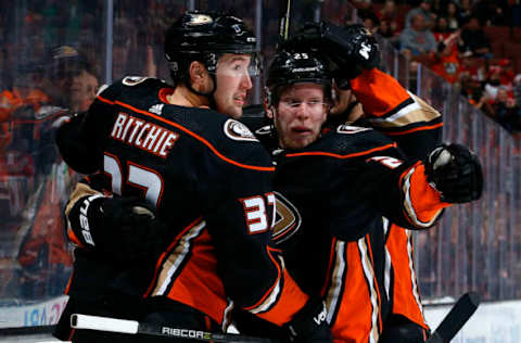 ANAHEIM, CA – MARCH 16: Ondrej Kase #25 and Nick Ritchie #37 of the Anaheim Ducks celebrate a goal during the game against the Detroit Red Wings on March 16, 2018. (Photo by Debora Robinson/NHLI via Getty Images)