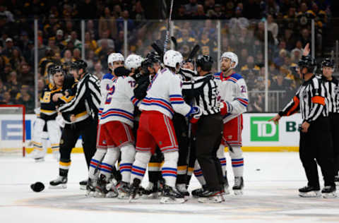 BOSTON, MA – MARCH 4: Members of the Boston Bruins and the New York Rangers scuffle during the first period at the TD Garden on March 4, 2023 in Boston, Massachusetts. The Bruins won 4-2. (Photo by Richard T Gagnon/Getty Images) *** Local Caption ***