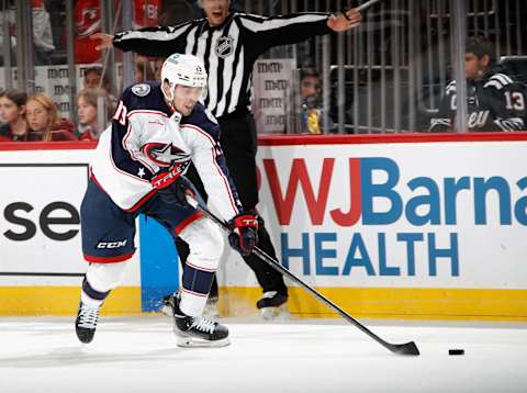 NEWARK, NEW JERSEY – OCTOBER 30: Liam Foudy #19 of the Columbus Blue Jackets skates against the New Jersey Devils at the Prudential Center on October 30, 2022 in Newark, New Jersey. The Devils defeated the Blue Jackets 7-1. (Photo by Bruce Bennett/Getty Images)