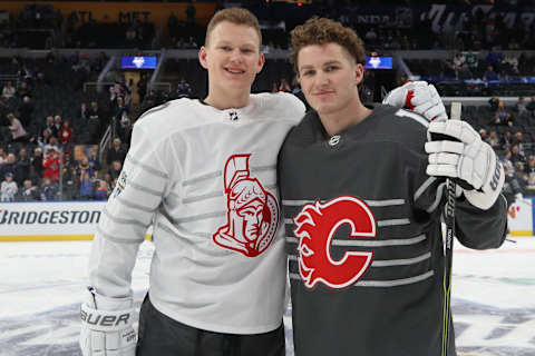 Brady Tkachuk #7 of the Ottawa Senators and Matthew Tkachuk #19 (Photo by Bruce Bennett/Getty Images)