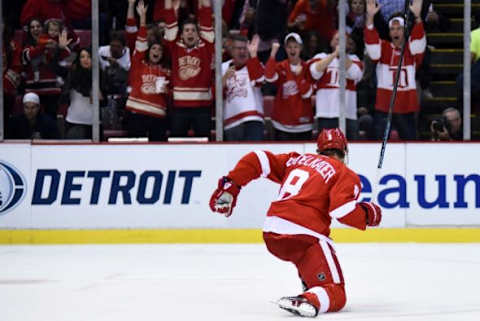 Oct 9, 2015; Detroit, MI, USA; Detroit Red Wings left wing Justin Abdelkader (8) celebrates his goal during the first period against the Toronto Maple Leafs at Joe Louis Arena. Mandatory Credit: Tim Fuller-USA TODAY Sports