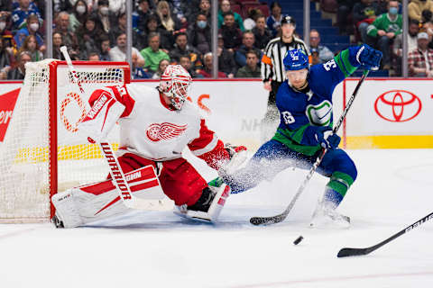 Alex Nedeljkovic of the Detroit Red Wings. Mandatory Credit: Bob Frid-USA TODAY Sports