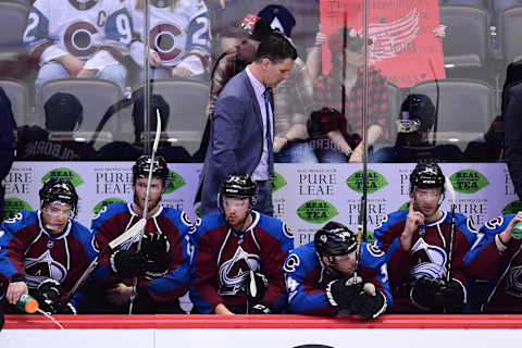 Mar 15, 2017; Denver, CO, USA; Colorado Avalanche head coach Jared Bednar walks his bench in the first period against the Detroit Red Wings at Pepsi Center. Mandatory Credit: Ron Chenoy-USA TODAY Sports