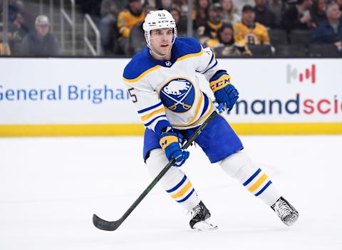 Apr 28, 2022; Boston, Massachusetts, USA; Buffalo Sabres defenseman Casey Fitzgerald (45) skates in the offensive during the second period against the Boston Bruins at TD Garden. Mandatory Credit: Bob DeChiara-USA TODAY Sports