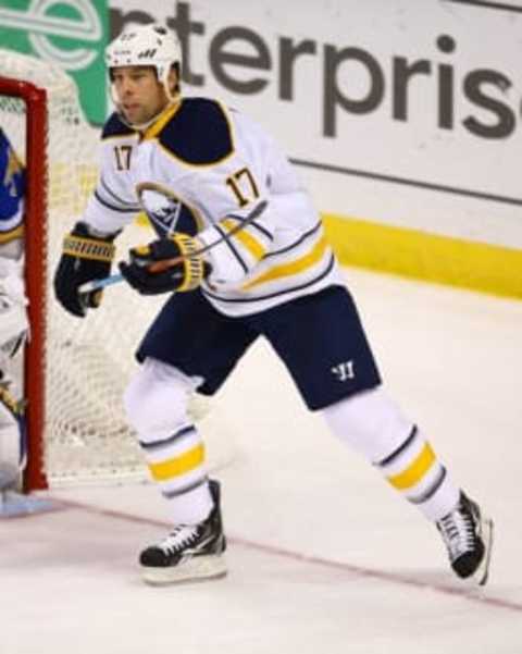 Nov 19, 2015; St. Louis, MO, USA; Buffalo Sabres center David Legwand (17) in action during a game against the St. Louis Blues at Scottrade Center. The Blues won the game 3-2 in a shootout. Mandatory Credit: Billy Hurst-USA TODAY Sports