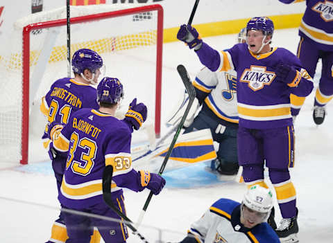 Los Angeles Kings left wing Carl Grundstrom (91) celebrates scoring a goal: (Robert Hanashiro-USA TODAY Sports)