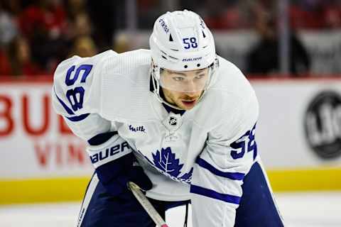 RALEIGH, NC – MARCH 25: Michael Bunting #58 of the Toronto Maple Leafs  . (Photo by Jaylynn Nash/Getty Images)