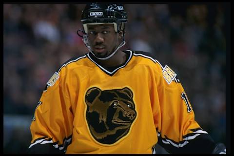 24 Mar 1997: Center Anson Carter of the Boston Bruins looks on during a game against the Montreal Canadiens at the Forum in Montreal, Quebec. The Canadiens won the game, 3-1. Mandatory Credit: Robert Laberge /Allsport