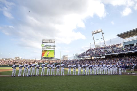 OMAHA, NE – JUNE 27: Louisiana State University takes on the University of Florida during game two of the Division I Men’s Baseball Championship held at TD Ameritrade Park on June 27, 2017, in Omaha, Nebraska. The University of Florida defeated Louisiana State University 6-1 in game two of the best of three series. (Photo by Justin Tafoya/NCAA Photos via Getty Images)