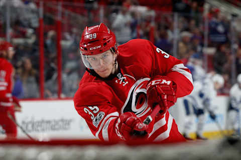 RALEIGH, NC – MARCH 11: Valentin Zykov #86 of the Carolina Hurricanes shoots a puck during warmups prior to an NHL game against the Toronto Maple Leafs on March 11, 2017 at PNC Arena in Raleigh, North Carolina. (Photo by Gregg Forwerck/NHLI via Getty Images)