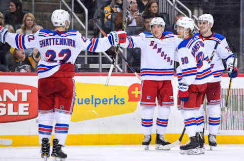 PITTSBURGH, PA – APRIL 06: New York Rangers Defenseman Brady Skjei (76) celebrates his goal with teammates during the third period in the NHL game between the Pittsburgh Penguins and the New York Rangers on April 6, 2019, at PPG Paints Arena in Pittsburgh, PA. (Photo by Jeanine Leech/Icon Sportswire via Getty Images)