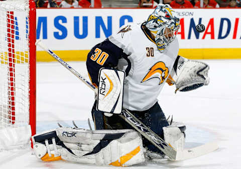 OTTAWA, ON – MAY 16: Goaltender Ryan Miller #30 of the Buffalo Sabres makes a save during the first period of Game 4 of the 2007 Eastern Conference Finals against the Ottawa Senators on May 16, 2007 at the Scotiabank Place in Ottawa, Canada. (Photo by Phillip MacCallum/Getty Images)