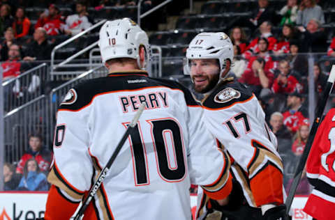 NEWARK, NJ – DECEMBER 19: Ryan Kesler #17 of the Anaheim Ducks celebrates a goal with teammate Corey Perry #10. (Photo by Elsa/Getty Images)