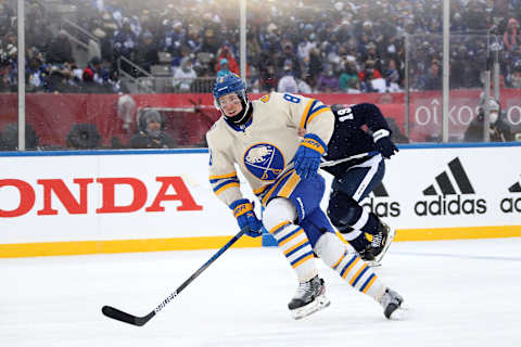 HAMILTON, ONTARIO – MARCH 13: Robert Hagg #8 of the Buffalo Sabres skates against the Toronto Maple Leafs in the first period during the Heritage Classic at Tim Hortons Field on March 13, 2022 in Hamilton, Ontario. (Photo by Claus Andersen/Getty Images)