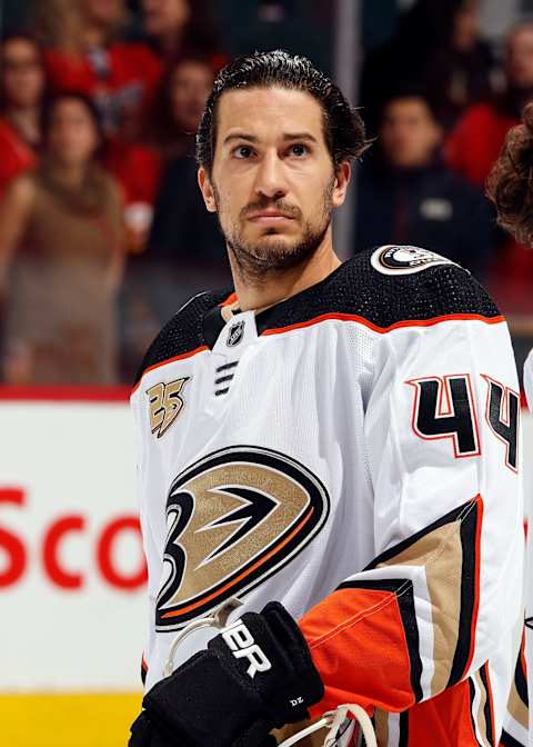 CALGARY, AB – FEBRUARY 22: Michael Del Zotto #44 of the Anaheim Ducks stands for the national anthem before his 600th NHL game against the Calgary Flames on February 22, 2019, at the Scotiabank Saddledome in Calgary, Alberta, Canada. (Photo by Gerry Thomas/NHLI via Getty Images)