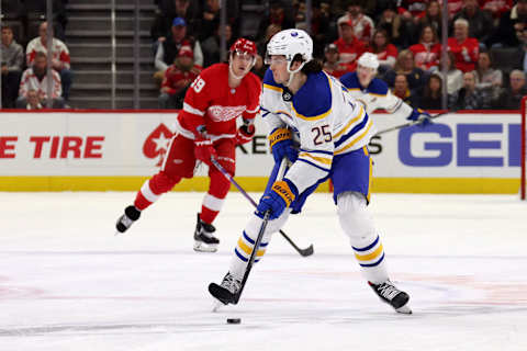 DETROIT, MICHIGAN – NOVEMBER 30: Owen Power #25 of the Buffalo Sabres heads up ice while playing the Detroit Red Wings during the first period at Little Caesars Arena on November 30, 2022 in Detroit, Michigan. (Photo by Gregory Shamus/Getty Images)