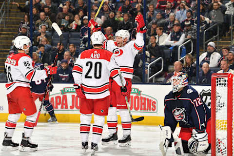 COLUMBUS, OH – NOVEMBER 10: Jordan Staal #11 of the Carolina Hurricanes reacts after scoring a goal during the second period of a game against the Columbus Blue Jackets on November 10, 2017 at Nationwide Arena in Columbus, Ohio. (Photo by Jamie Sabau/NHLI via Getty Images)