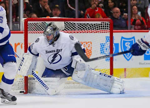 Oct 24, 2015; Chicago, IL, USA; Tampa Bay Lightning goalie Kristers Gudlevskis (50) makes a save during the first period against the Chicago Blackhawks at the United Center. Mandatory Credit: Dennis Wierzbicki-USA TODAY Sports