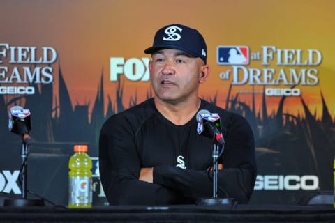 Aug 12, 2021; Dyersville, Iowa, USA; Chicago White Sox acting manager Miguel Cairo takes questions from the media before the game between the White Sox and the New York Yankees at Field of Dreams. Mandatory Credit: Jeffrey Becker-USA TODAY Sports