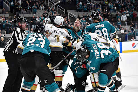 SAN JOSE, CA – OCTOBER 04: The San Jose Sharks get into a fight with the Vegas Golden Knights at SAP Center on October 4, 2019 in San Jose, California. (Photo by Brandon Magnus/NHLI via Getty Images)