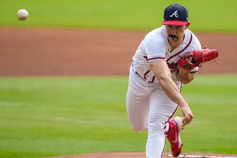 Sep 18, 2022; Cumberland, Georgia, USA; Atlanta Braves starting pitcher Spencer Strider (65) pitches against the Philadelphia Phillies during the first inning at Truist Park. Mandatory Credit: Dale Zanine-USA TODAY Sports