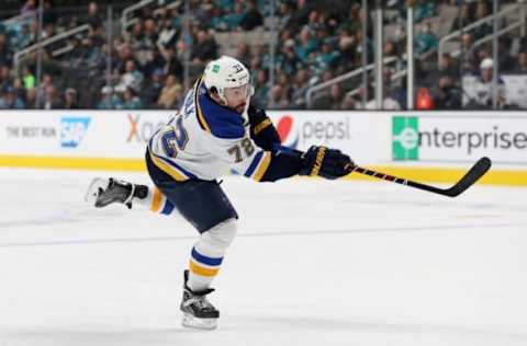 SAN JOSE, CALIFORNIA – APRIL 21: Justin Faulk #72 of the St. Louis Blues in action against the San Jose Sharks at SAP Center on April 21, 2022, in San Jose, California. (Photo by Ezra Shaw/Getty Images)