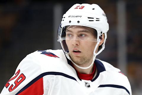 BOSTON, MA – SEPTEMBER 16: Christian Djoos #29 of the Washington Capitals looks on during the first period against the Boston Bruins at TD Garden on September 16, 2018 in Boston, Massachusetts. (Photo by Maddie Meyer/Getty Images)